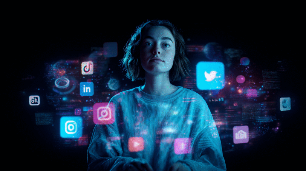 social media trends futuristic digital marketer with TikTok, Threads, Reddit, and LinkedIn screens