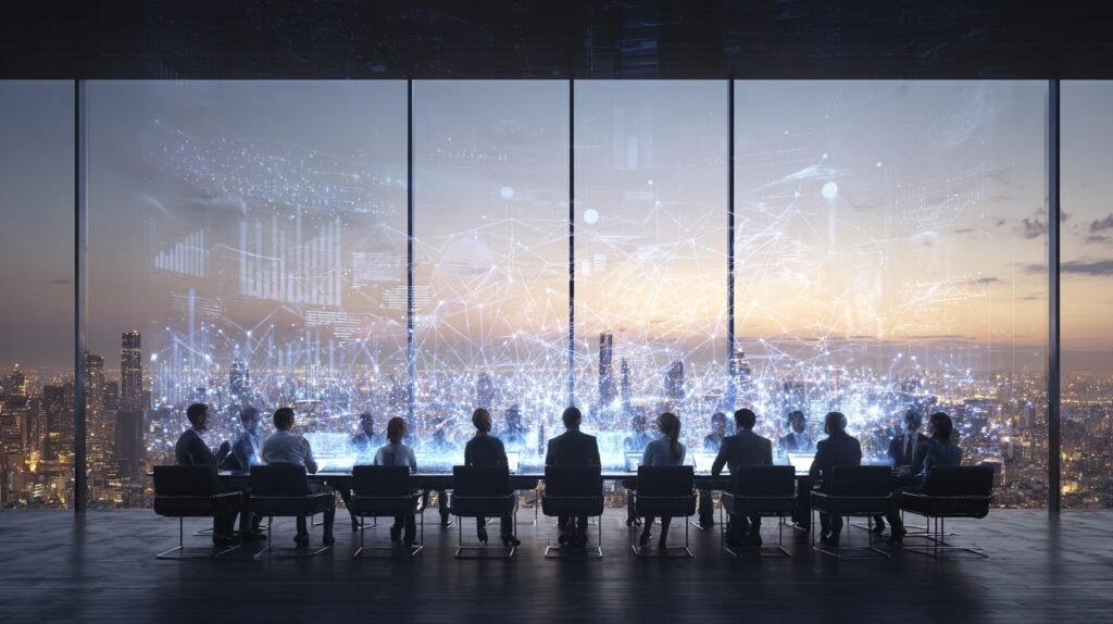 AI market growth visualization showing business professionals analyzing artificial intelligence adoption and machine learning technology applications