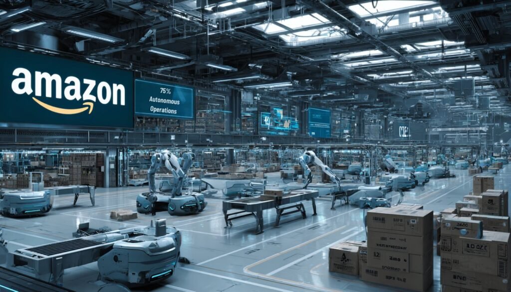 Amazon Plans to Replace 600,000 Workers visualized inside a modern fulfillment center with autonomous robots and minimal human staff, illustrating large-scale Amazon automation.