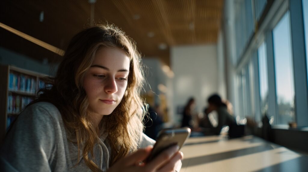Teen in school library using Instagram with PG-13 content restrictions active