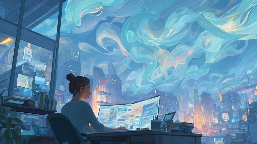 AI News 2025 visual showing a web designer using AI tools for content creation and web design in a modern studio.