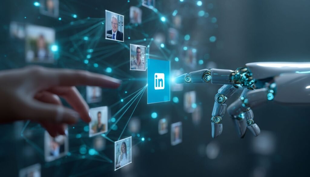 Concept art of humans and AI collaborating inside LinkedIn AI features for professional networking.