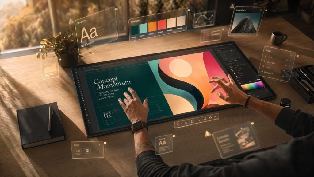 AI design agents transforming a creative workspace as holographic interface elements arrange a design layout autonomously on a modern display