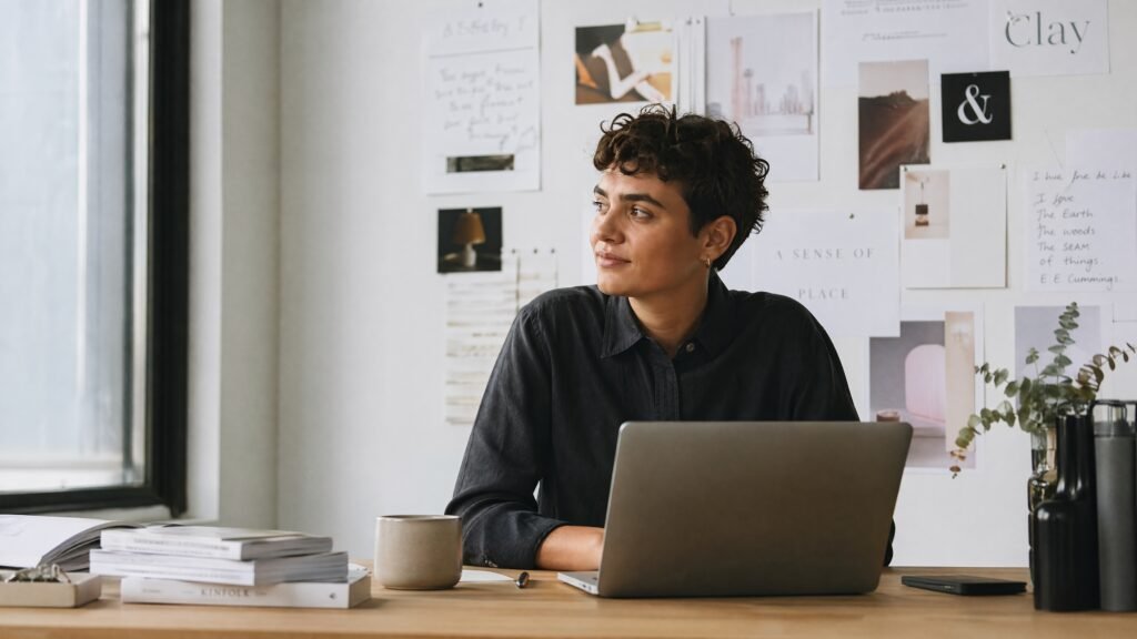 A creative professional thoughtfully planning an authentic AI content creation strategy at a modern workspace, combining human creativity with digital tools for genuine content creation