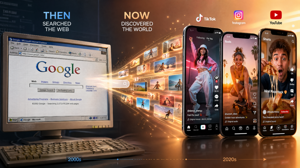 Visual representation of social search revolution showing traditional Google search interface transitioning to modern social media platforms including TikTok and Instagram, illustrating how social platforms have become the new search engine for content discovery and product research