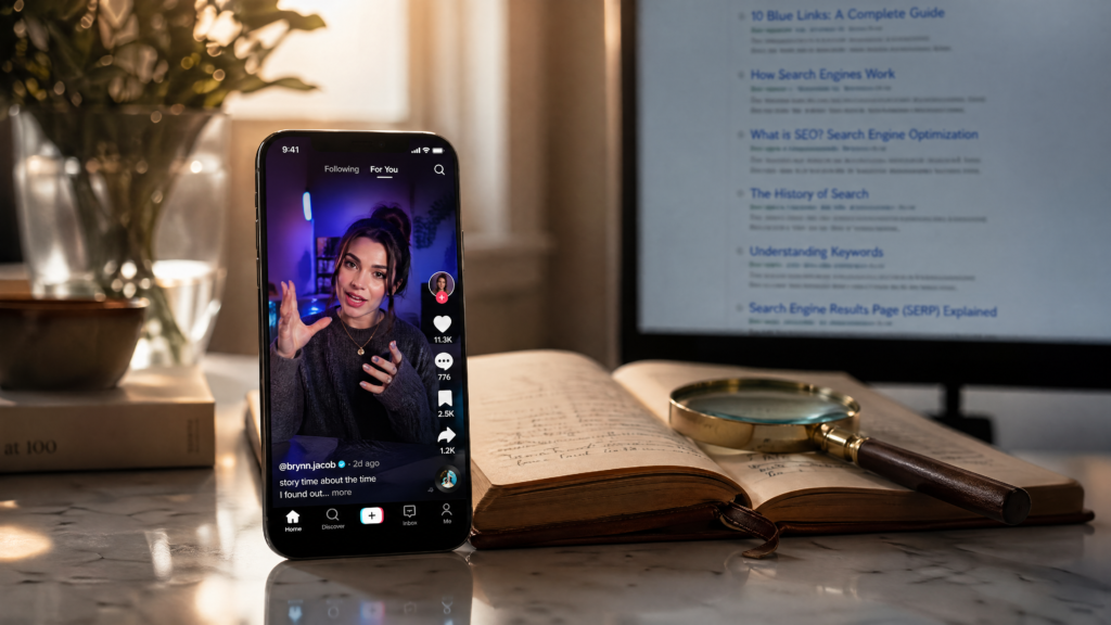 Modern smartphone displaying a dynamic video feed representing a successful social search strategy and the shift toward authentic content discovery.