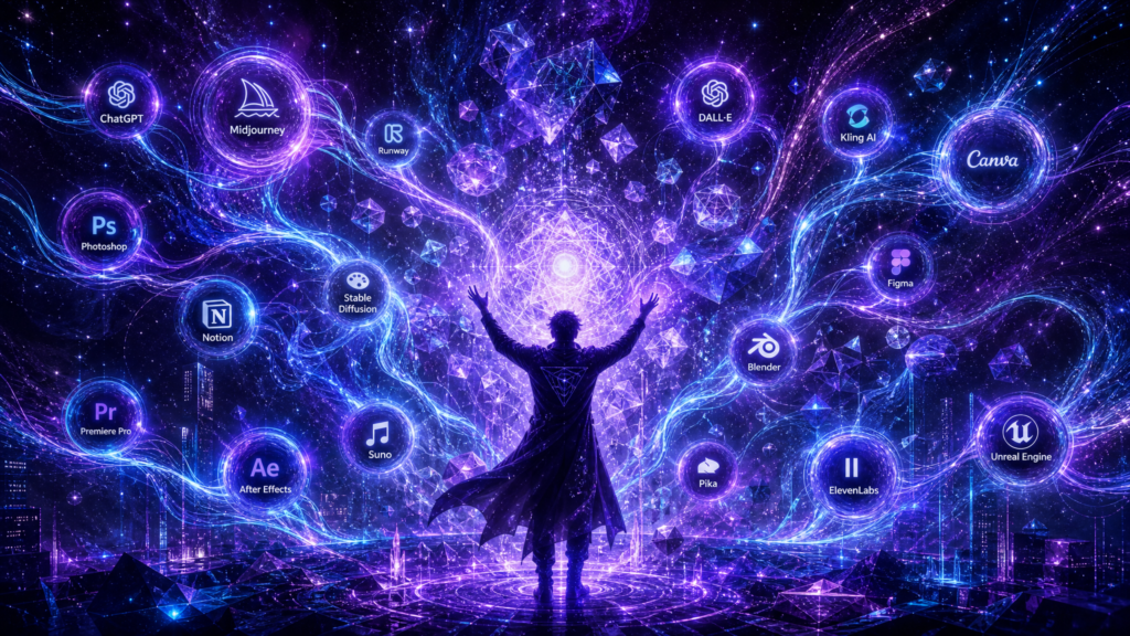 Illustration of interconnected nodes representing AI tools (Claude, ChatGPT, Midjourney, Canva, Descript, Surfer SEO, Perplexity, Notion, ElevenLabs, and Make) linked by data flow lines, with a content creator at the center directing the workflow