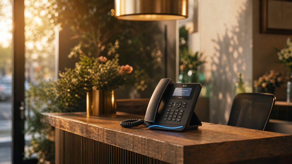 AI voice agents for small business technology lighting up an empty boutique reception desk at dusk