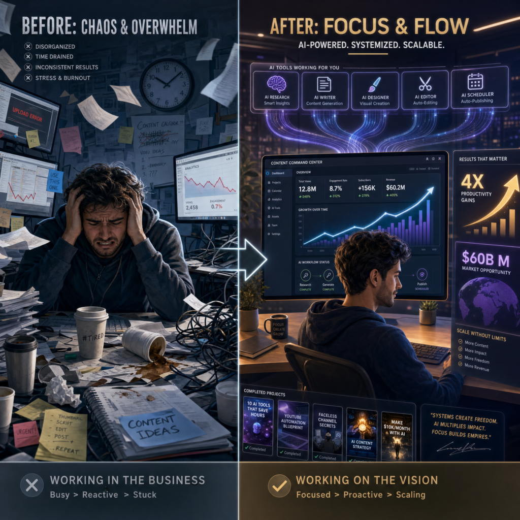 Before-and-after comparison: left side shows a chaotic desk with stress and scattered tasks; right side shows the same creator with an organized workspace, AI tools operating automatically in the background, and rising productivity metrics on display