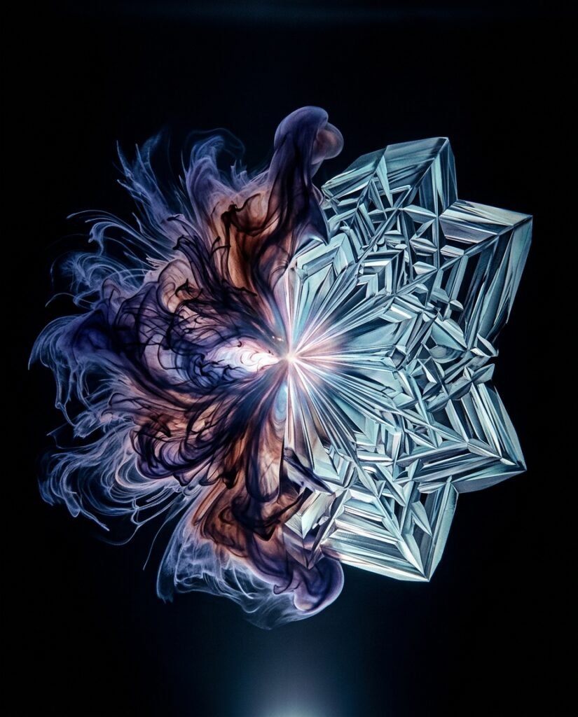 Ink bloom in water splitting into organic and crystalline geometric forms, symbolizing the AI creativity study on human versus generative AI thinking