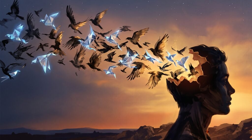 Silhouette releasing a flock of ink-brush and crystalline birds in every direction, symbolizing the AI creativity study on divergent thinking in humans and AI